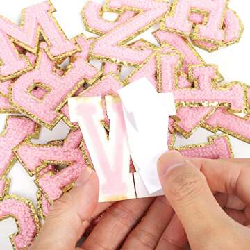 Self-Adhesive Iron on Letters Chenille Patches: 26PCS Pink Letter Patches Stickers Varsity Letter Patches for Clothing Jackets Backpacks Hats Repair Alphabet Embroidered Applique Preppy Patch
