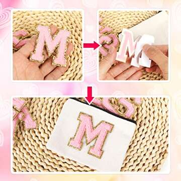 Self-Adhesive Iron on Letters Chenille Patches: 26PCS Pink Letter Patches Stickers Varsity Letter Patches for Clothing Jackets Backpacks Hats Repair Alphabet Embroidered Applique Preppy Patch