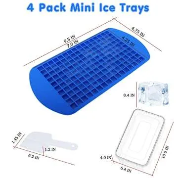 WIBIMEN Silicone Mini Ice Cube Tray for Freezer, 4 Packs Small Crushed BPA Free Ice Tray Mold , Square Tiny Ice Maker for Chilling Cocktails Whiskey (4 Little Blue Ice Trays & Ice Box & Ice Scoop)
