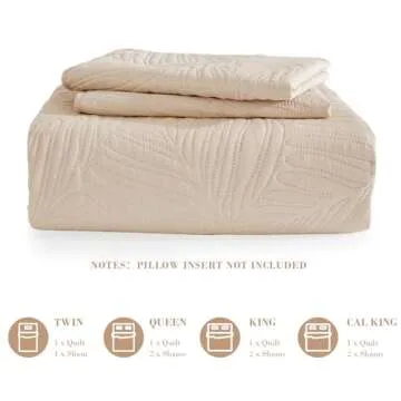 Exclusivo Mezcla King Size Quilt Bedding Set, Lightweight Brich Beige Quilts King Size for All Seasons, Soft Microfiber Bedspreads Coverlets Bed Cover with Leaf Pattern, 3 Piece
