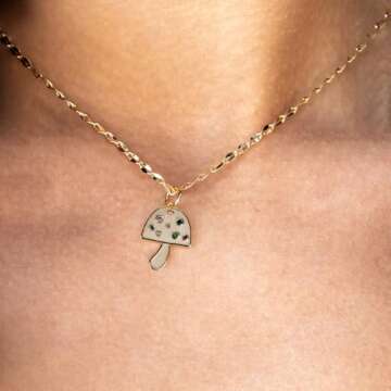 House of fung Yellow Gold Plated Steel Necklace with Cubic Zirconia, Fashionable Cable Chain, Mushro...