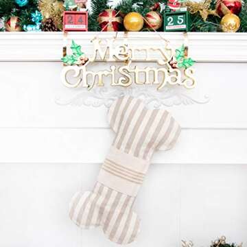 LUBOT 1 Ps Beige 18" Dog Christmas Stockings Bone Pet Plaid/Rustic/Farmhouse/Country Canvas Fireplace Hanging Handmade Xmas Stocking Decorations for Family Holiday Season Decor 4#