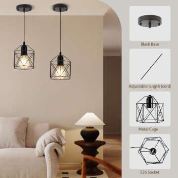 Capaaobc 1 Light Hanging Pendant Light Fixtures, Adjustable Black Pendant Lights Kitchen Island, Modern Farmhouse Light Fixtures for Dining Room, Metal Cage Shade, E26 Base, Bulbs Not Included