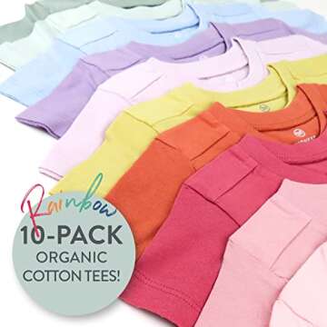 HonestBaby Unisex Baby Organic Cotton Short Sleeve Multipack and Toddler T-Shirt Set, 10-Pack Rainbow Gems Pinks, 3T US