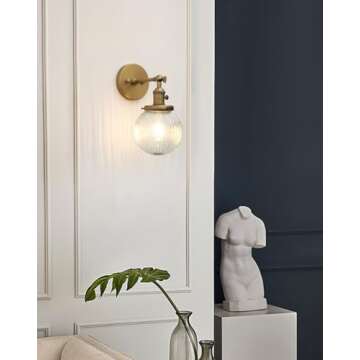 PERMO Vintage Industrial Wall Sconce Lighting Fixture with Mini 5.9" Round Clear Globe Ribbed Glass Shade (Antique Brass Gold)