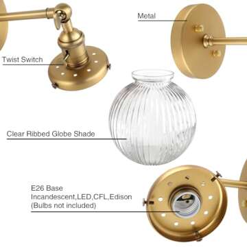 PERMO Vintage Industrial Wall Sconce Lighting Fixture with Mini 5.9" Round Clear Globe Ribbed Glass Shade (Antique Brass Gold)
