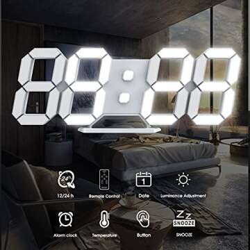 Led Digital Alarm, 3D Wall Clock Desk Auto Dimming 12/24 Hour Date Temperature Home Decor Remote Con...