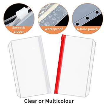 QiXin 60pcs A6 Binder Pockets 6 Holes Zipper Folders Clear PVC Card Loose Leaf Bags Cash Envelopes f...