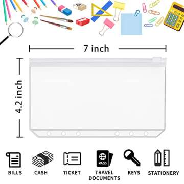QiXin 60pcs A6 Binder Pockets 6 Holes Zipper Folders Clear PVC Card Loose Leaf Bags Cash Envelopes for Budgeting Binder Waterproof Document Filing Bags for 6 Ring Notebook Planner Inserts