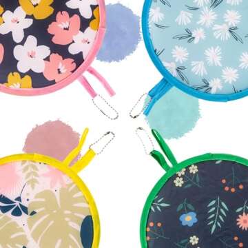 Elegant 4 Pcs Round Foldable Hand Fans Set in Floral Design