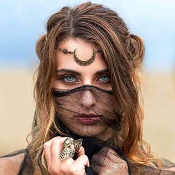 Chicque Boho Head Chain Crescent Head Jewelry Rhinestone Headpiece Moon Hair Chain Wedding Festival Hair Accessories for Women and Girls