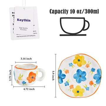 Koythin Ceramic Coffee Mug with Saucer Set, Cute Creative Cup Unique Irregular Design for Office and...