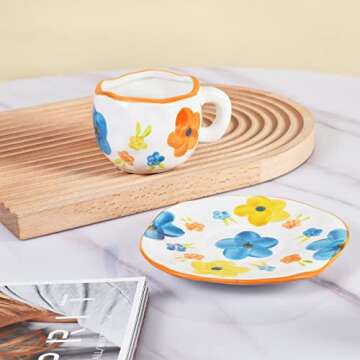 Koythin Ceramic Coffee Mug with Saucer Set, Cute Creative Cup Unique Irregular Design for Office and Home, Dishwasher and Microwave Safe, 10 oz/300 ml for Latte Tea Milk (Idyllic Flowers)