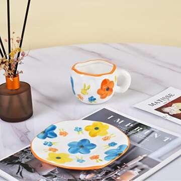 Koythin Ceramic Coffee Mug with Saucer Set, Cute Creative Cup Unique Irregular Design for Office and Home, Dishwasher and Microwave Safe, 10 oz/300 ml for Latte Tea Milk (Idyllic Flowers)