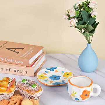 Koythin Ceramic Coffee Mug with Saucer Set, Cute Creative Cup Unique Irregular Design for Office and Home, Dishwasher and Microwave Safe, 10 oz/300 ml for Latte Tea Milk (Idyllic Flowers)