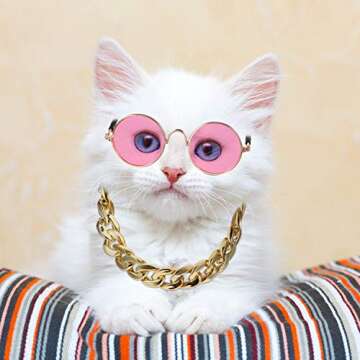 7 Pieces Sunglasses for Cats Dog Sunglasses Gold Chain Costume Funny Cute Cat Glasses Retro Pet Cosplay (Vivid Colors, Lovely Style)