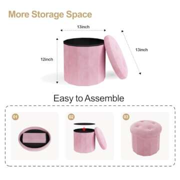 Ablon Velvet Storage Ottoman, Round Storage Boxes with Soft Padded Seat, Folding Footrest and Organizer for Living Room, Bedroom, Entryway and Dorm