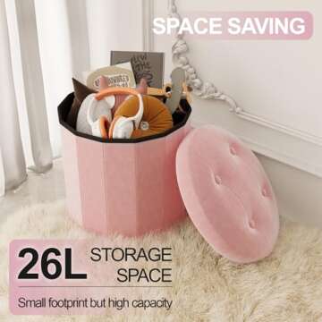 Ablon Velvet Storage Ottoman, Round Storage Boxes with Soft Padded Seat, Folding Footrest and Organizer for Living Room, Bedroom, Entryway and Dorm