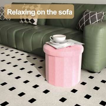 Ablon Velvet Storage Ottoman, Round Storage Boxes with Soft Padded Seat, Folding Footrest and Organizer for Living Room, Bedroom, Entryway and Dorm