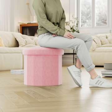 Ablon Velvet Storage Ottoman, Round Storage Boxes with Soft Padded Seat, Folding Footrest and Organizer for Living Room, Bedroom, Entryway and Dorm