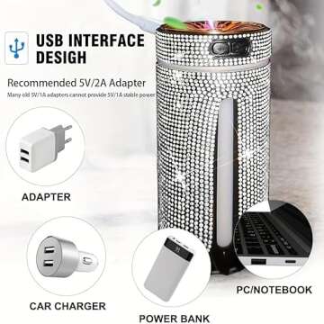 Bling Rhinestone Car Diffuser Humidifier USB Car Essential Oil Car Diffuser Humidifier Aromatherapy Portable Mini Humidifier for Car, Office, Room (Pink)