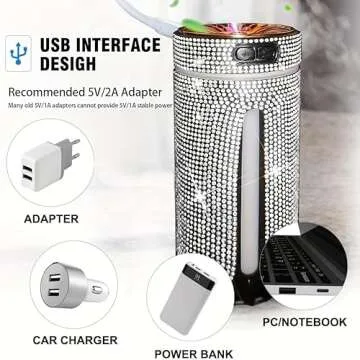 Bling Rhinestone Car Diffuser Humidifier USB Car Essential Oil Car Diffuser Humidifier Aromatherapy Portable Mini Humidifier for Car, Office, Room (Pink)