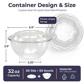 Fit Meal Prep 50 Pack 32 oz Disposable Plastic Clear Salad Bowls with Airtight Lids, Crystal Salad B...