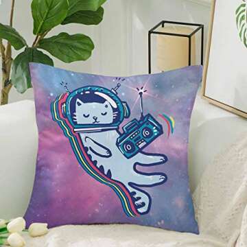 InterestPrint Funny Cat in Space Listening to Music Decor Throw Cushion Pillow Case Cover 18x18 Inch...