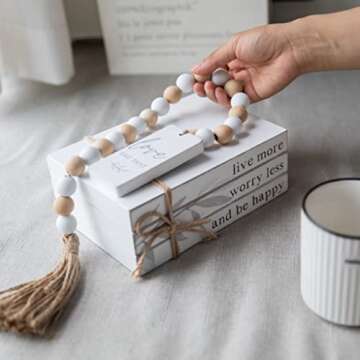 GENMOUS 4pcs White Decorative Books Set, Stacked Wood Faux Books with Wood Bead Tassels for Living Room and Shelf Display, Farmhouse Decor