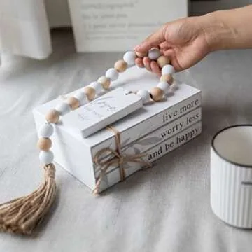 GENMOUS 4pcs White Decorative Books Set, Stacked Wood Faux Books with Wood Bead Tassels for Living Room and Shelf Display, Farmhouse Decor
