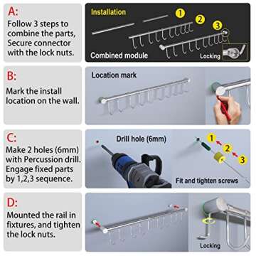 OKEPOO Kitchen Hanging Racks 304 Stainless Steel 20 Inch Rail Utensil Storage Hanger with 10 Pcs Noiseless Sliding Hooks, Wall Mounted Rod Holder for Pots Pan Spatula Spoon Cookware Mug Cup. (Golden)