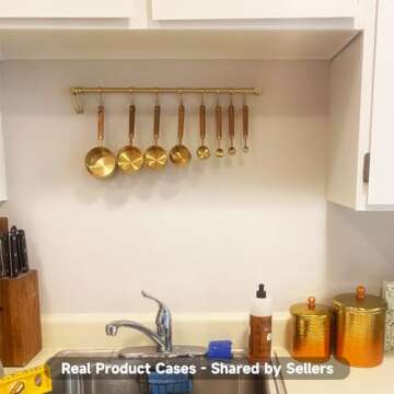 OKEPOO Kitchen Hanging Racks 304 Stainless Steel 20 Inch Rail Utensil Storage Hanger with 10 Pcs Noiseless Sliding Hooks, Wall Mounted Rod Holder for Pots Pan Spatula Spoon Cookware Mug Cup. (Golden)