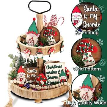 Christmas Decorations - 10 PCS Gnome Christmas Tiered Tray Decor Wooden Signs Christmas Farmhouse Rustic for Table Kitchen Home Room Holiday
