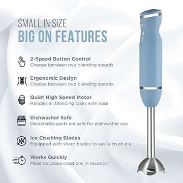 Chefman with Stainless Steel Shaft & Blades Powerful Ice Crushing 2-Speed Control One Hand-Mixer, Purees Smoothie, Sauces & Soups, 300 Watts, Wink