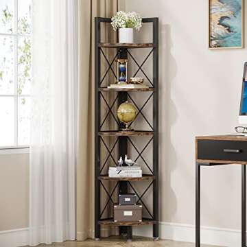 Tribesigns 5 Tier Corner Shelf, Rustic Corner Bookshelf Small Bookcase Corner Storage Rack Plant Stand for Living Room, Home Office, Kitchen, Small Space