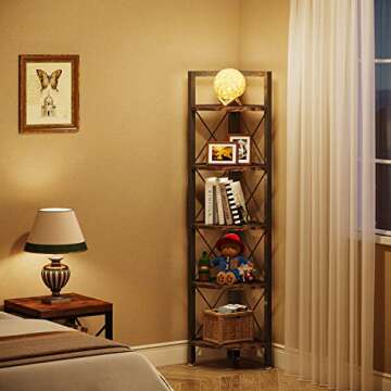 Tribesigns 5 Tier Corner Shelf, Rustic Corner Bookshelf Small Bookcase Corner Storage Rack Plant Stand for Living Room, Home Office, Kitchen, Small Space