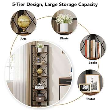 Tribesigns 5 Tier Corner Shelf, Rustic Corner Bookshelf Small Bookcase Corner Storage Rack Plant Stand for Living Room, Home Office, Kitchen, Small Space
