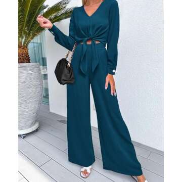 PRETTYGARDEN Women's Spring Sweat Suit 2 Piece Sets Sexy V Neck Long Sleeve Tie Waist Crop Top Palazzo Pant Sets(Solid Teal,Medium)