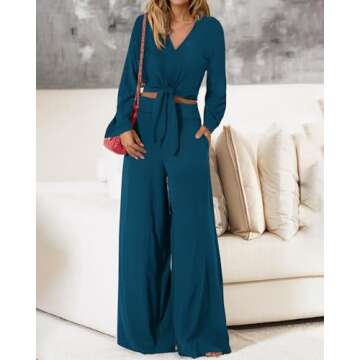 PRETTYGARDEN Women's Spring Sweat Suit 2 Piece Sets Sexy V Neck Long Sleeve Tie Waist Crop Top Palazzo Pant Sets(Solid Teal,Medium)