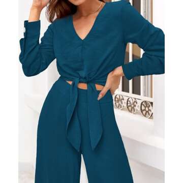 PRETTYGARDEN Women's Spring Sweat Suit 2 Piece Sets Sexy V Neck Long Sleeve Tie Waist Crop Top Palazzo Pant Sets(Solid Teal,Medium)