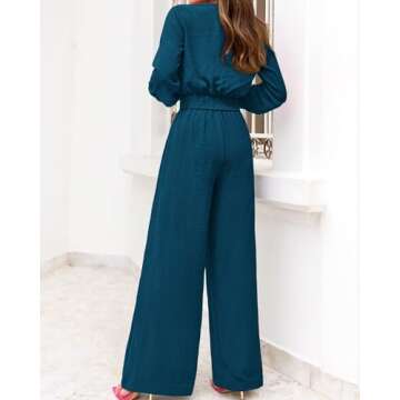 PRETTYGARDEN Women's Spring Sweat Suit 2 Piece Sets Sexy V Neck Long Sleeve Tie Waist Crop Top Palazzo Pant Sets(Solid Teal,Medium)