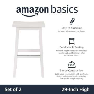 Amazon Basics Solid Wood Saddle-Seat Kitchen Island Counter Barstool, 29-Inch Height, White - Set of 2