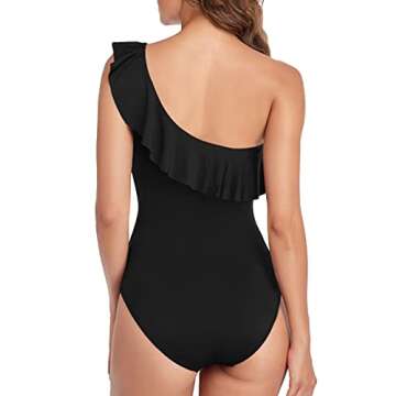 Hilor One Shoulder Swimsuits for Women Tummy Control One Piece Bathing Suits Modest Swimwear Black 8