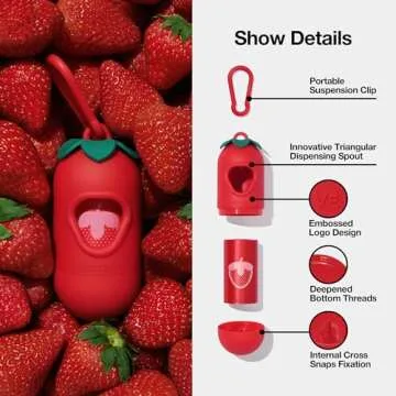 VETRESKA Dog Poop Bag Dispenser with Strawberry Scented Bags, Leak Proof, Extra Thick and Large Pet Waste Bags,1 Count Bag Holder and 105 Bags (7 Refill Rolls) for Walking Dog and Cats Litter, Red