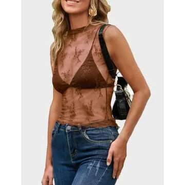 NENONA Women's 2024 Mesh Tops Summer Sleeveless Lace Embroidery Layering Tank Top,Brown,S