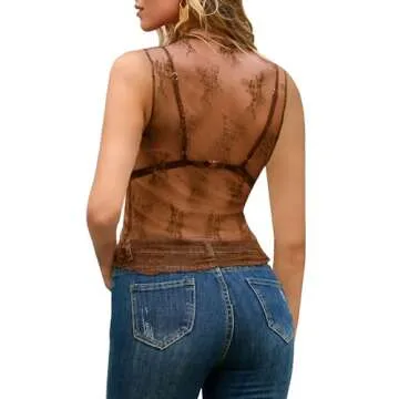 NENONA Women's 2024 Mesh Tops Summer Sleeveless Lace Embroidery Layering Tank Top,Brown,S