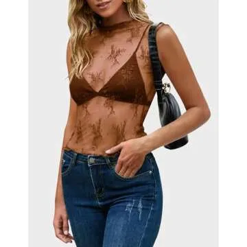 NENONA Women's 2024 Mesh Tops Summer Sleeveless Lace Embroidery Layering Tank Top,Brown,S
