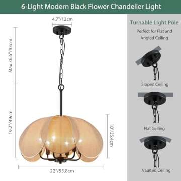 Avzkcy 22" Modern Chandelier, 6-Light Flower Pendant Lighting Fixtures Height Ajustable Hanging Ceiling Light Black Metal Frame Fabric Shade Lamp for Living Room Dining Room Bedroom Kitchen