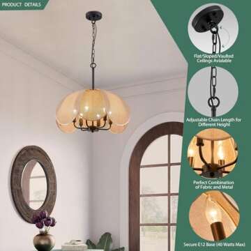Avzkcy 22" Modern Chandelier, 6-Light Flower Pendant Lighting Fixtures Height Ajustable Hanging Ceiling Light Black Metal Frame Fabric Shade Lamp for Living Room Dining Room Bedroom Kitchen