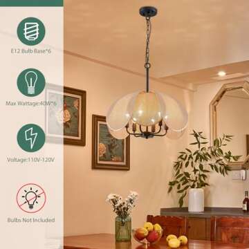 Avzkcy 22" Modern Chandelier, 6-Light Flower Pendant Lighting Fixtures Height Ajustable Hanging Ceiling Light Black Metal Frame Fabric Shade Lamp for Living Room Dining Room Bedroom Kitchen